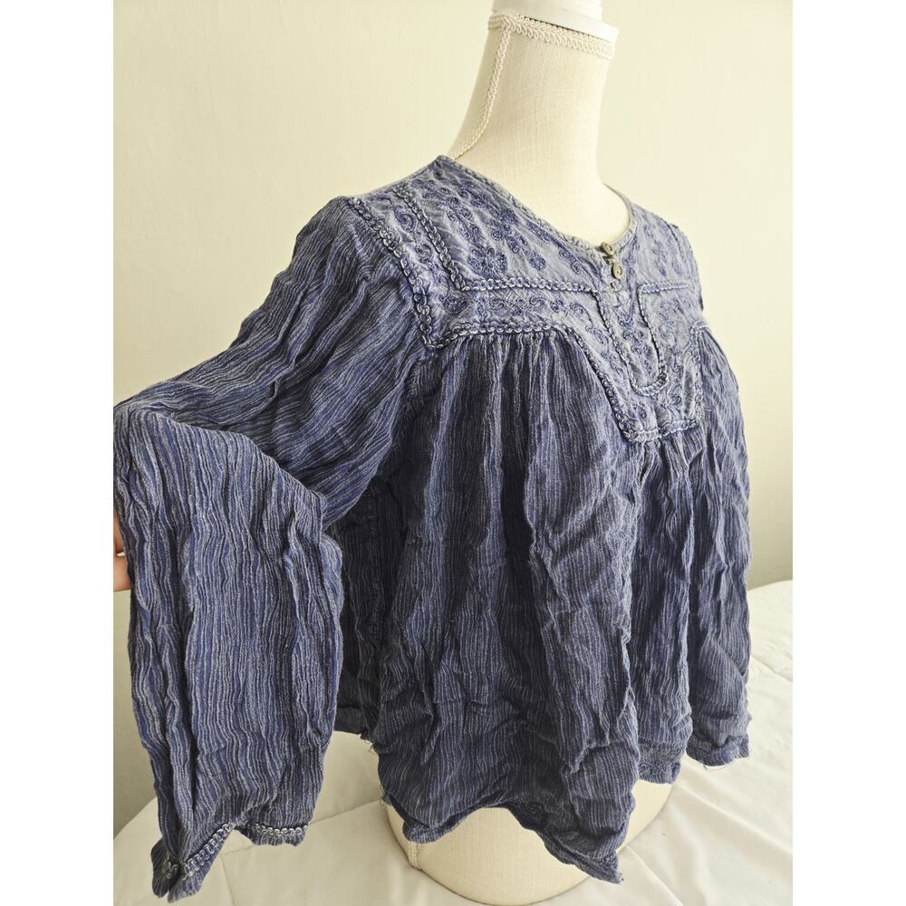 Boho GEETA Hippie Bohemian Indian Embroidered Blue Kurta Top Rayon OS Casual Blu